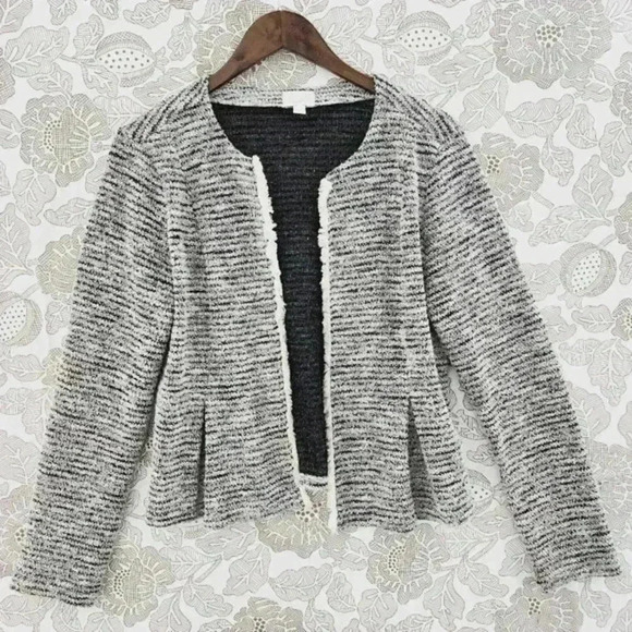 14th & Union Tweed Blazer Women's M Open Front Fringe White Blue - Picture 1 of 8